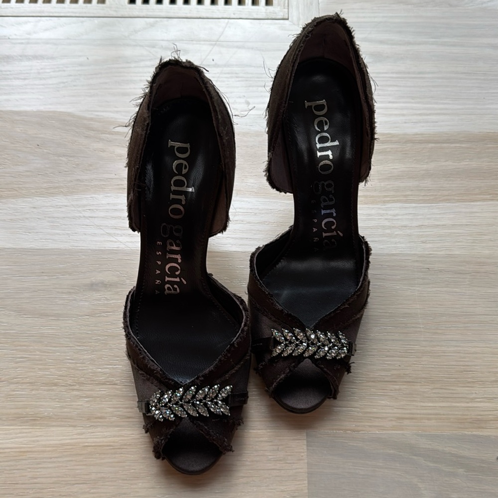 Pedro Garcia Satin D’Orsay Embellished Heels. Size 37 New, Deep Brown.